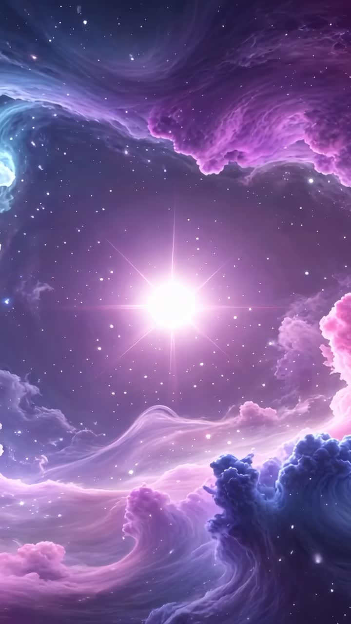 Vertical video: Central star pulsing sending faint rays through purple and pink nebula clouds