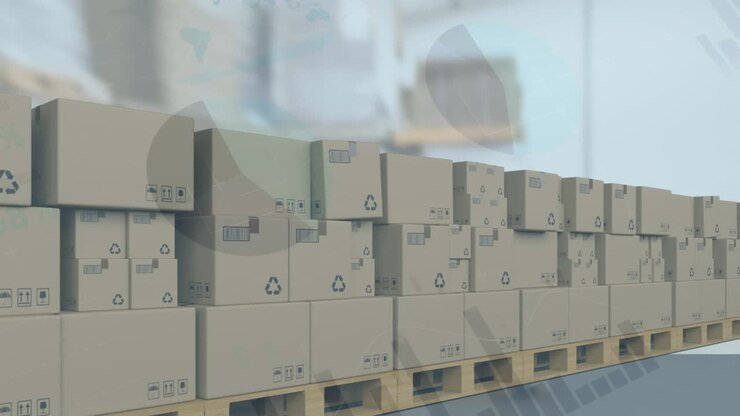Animation of statistics processing over cardboard boxes on conveyor belt