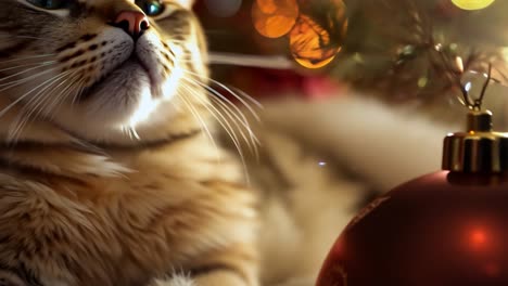 gato mirando el ornamento de navidad