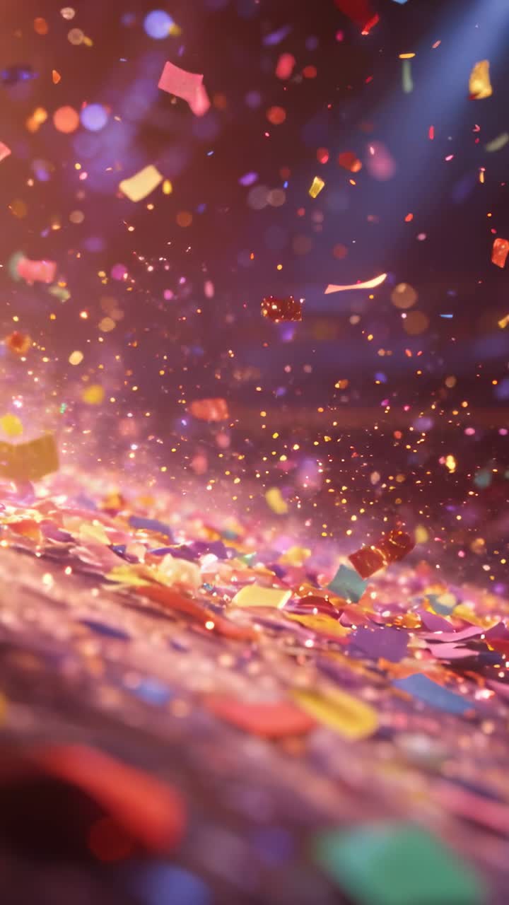 Vertical video: Cue sending confetti and glitter falling then settling onto floor, for party lights