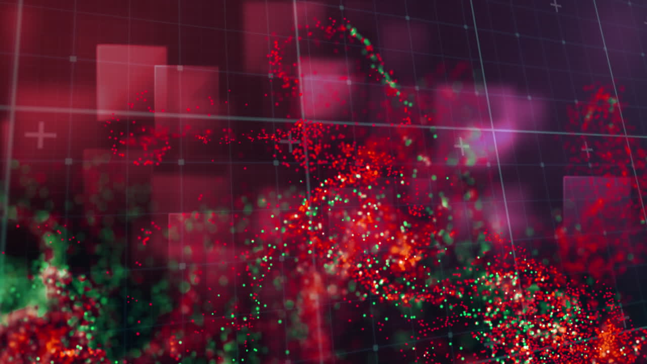 검은 바탕에 떠다니는 보라색 사각형 모양 위의 빨간색과 녹색 디지털 파동의 애니메이션