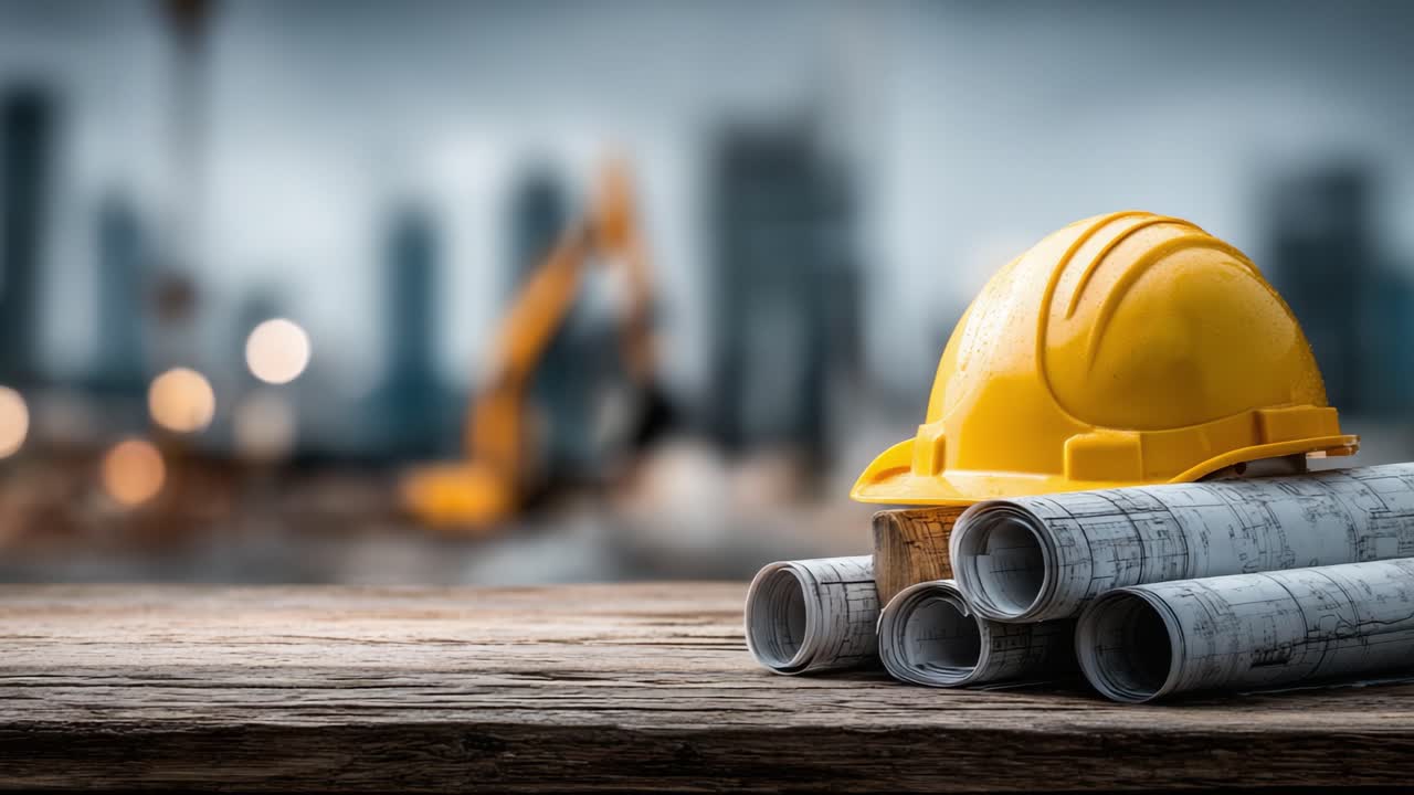 Construction Focus: A Yellow Hard Hat on Blueprints, Symbolizing Safety and Planning in an Urban Building Site Environment