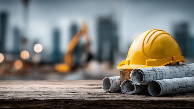 Construction Focus: A Yellow Hard Hat on Blueprints, Symbolizing Safety and Planning in an Urban Building Site Environment