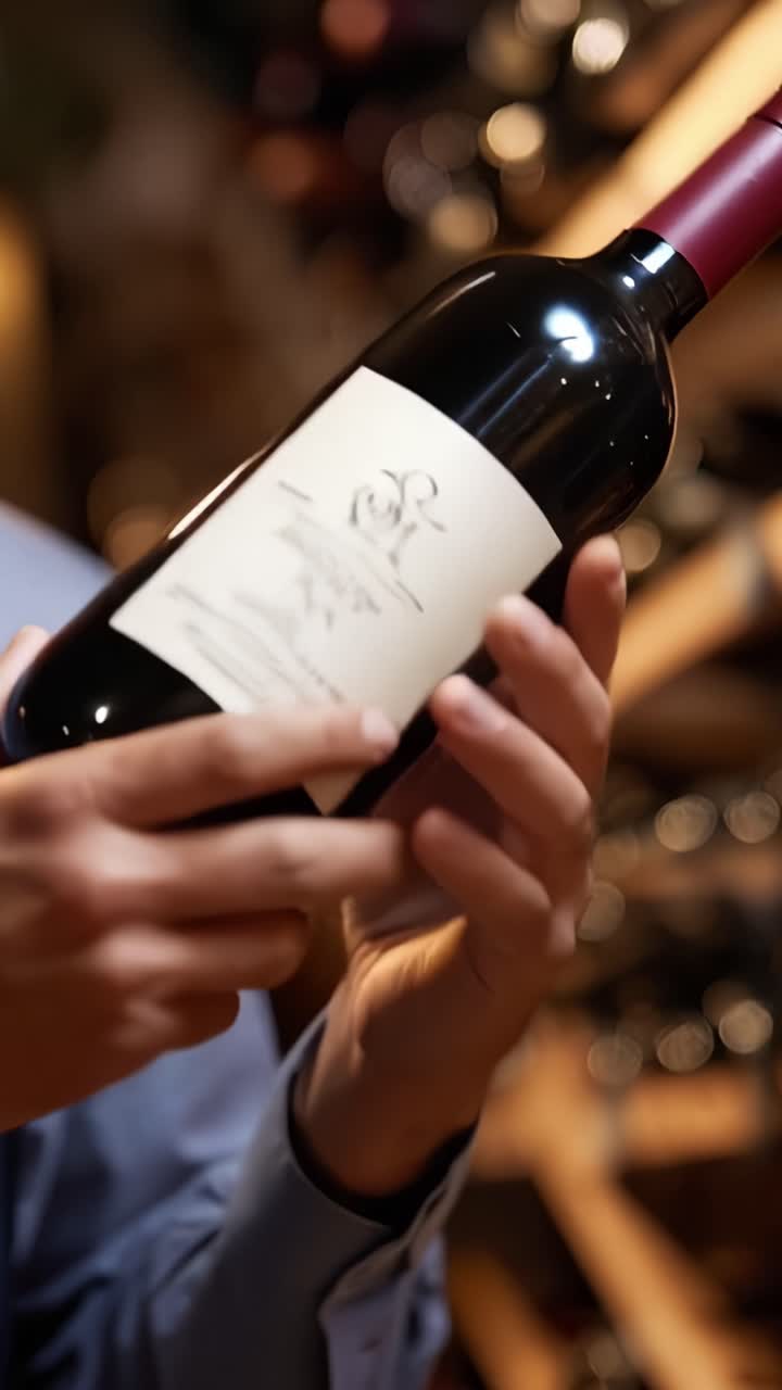Un Uomo in Grembiule Esamina una Bottiglia di Vino in un'Atmosfera Accogliente, Catturando l'Arte della Selezione del Vino e il Piacere di Ottime Bevande con Amici o Ospiti