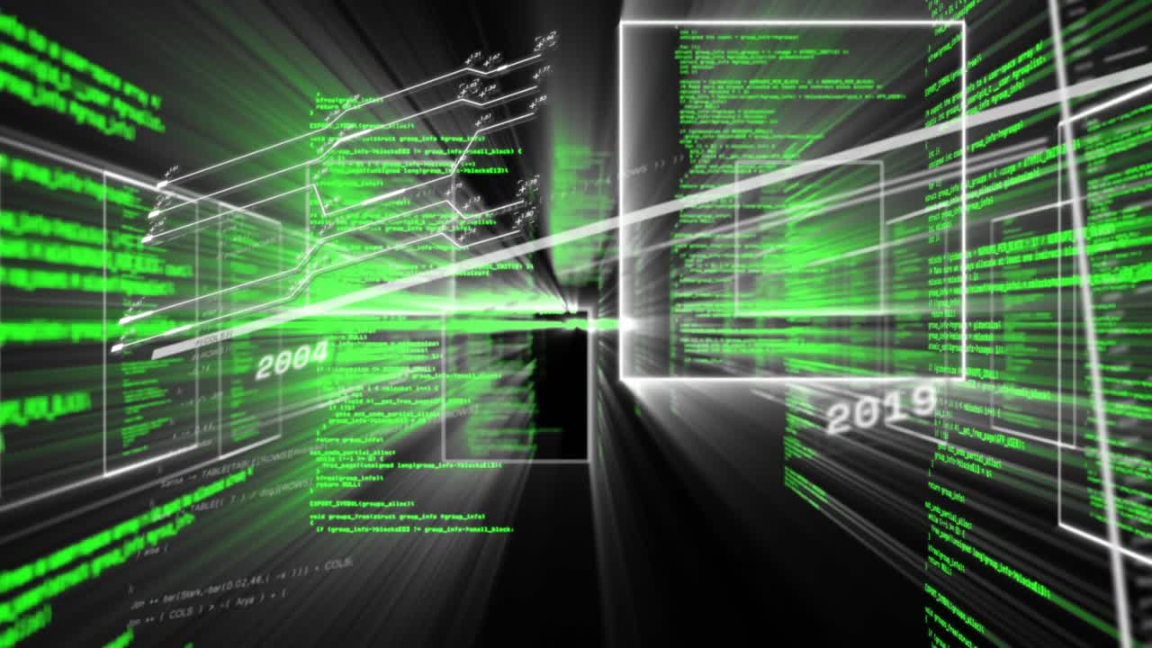 Camera moving forward streaming green code floating panels sliding updating timeline progression