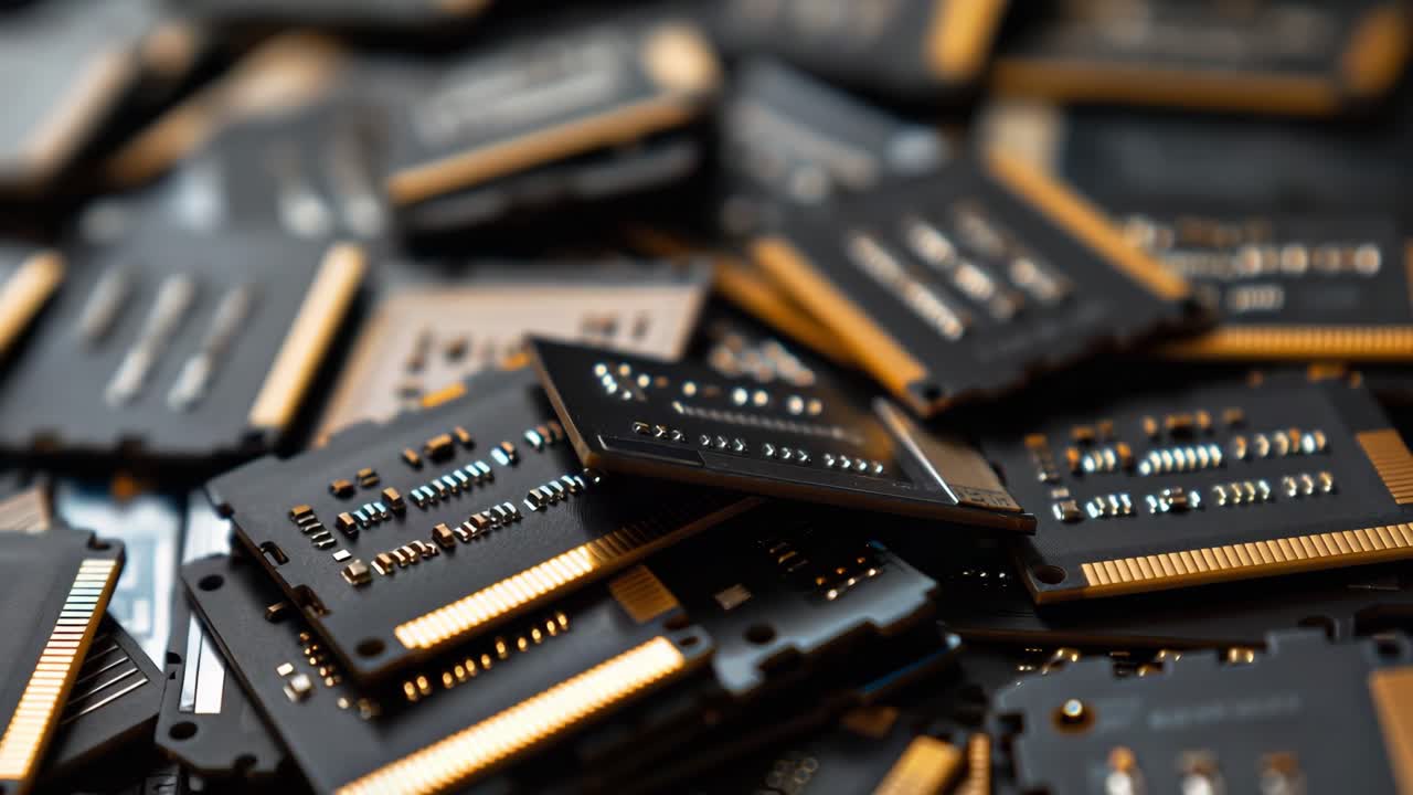 Detailed computer memory chips network displaying complex electronic circuitry pattern, representing core RAM technological infrastructure and computational processing design
