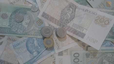 Draufsicht-Auf-Verschiedene-Polnische-Banknoten-Und-Münzen
