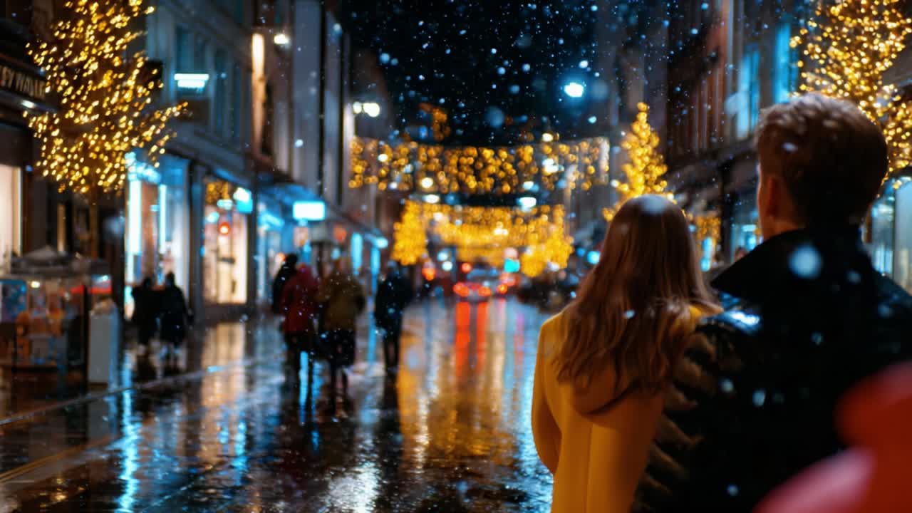 A couple enjoys a picturesque evening stroll down a beautifully decorated street, illuminated by twinkling lights reflecting off rain-soaked pavement, evoking a romantic winter atmosphere in the heart of the city