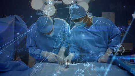 red de conexiones contra un grupo de diversos cirujanos que realizan operaciones en el hospital