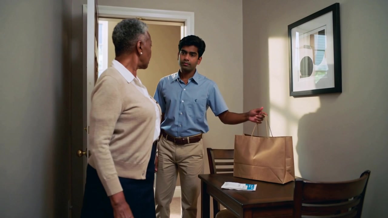Opening door, senior in cardigan and helper in khakis entering home, bringing mail and grocery bag