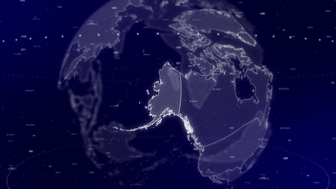 영화적 비디오 배경은 디지털 지구가 회전하고 알래스카 국가를 확대하는 것을 보여줍니다.