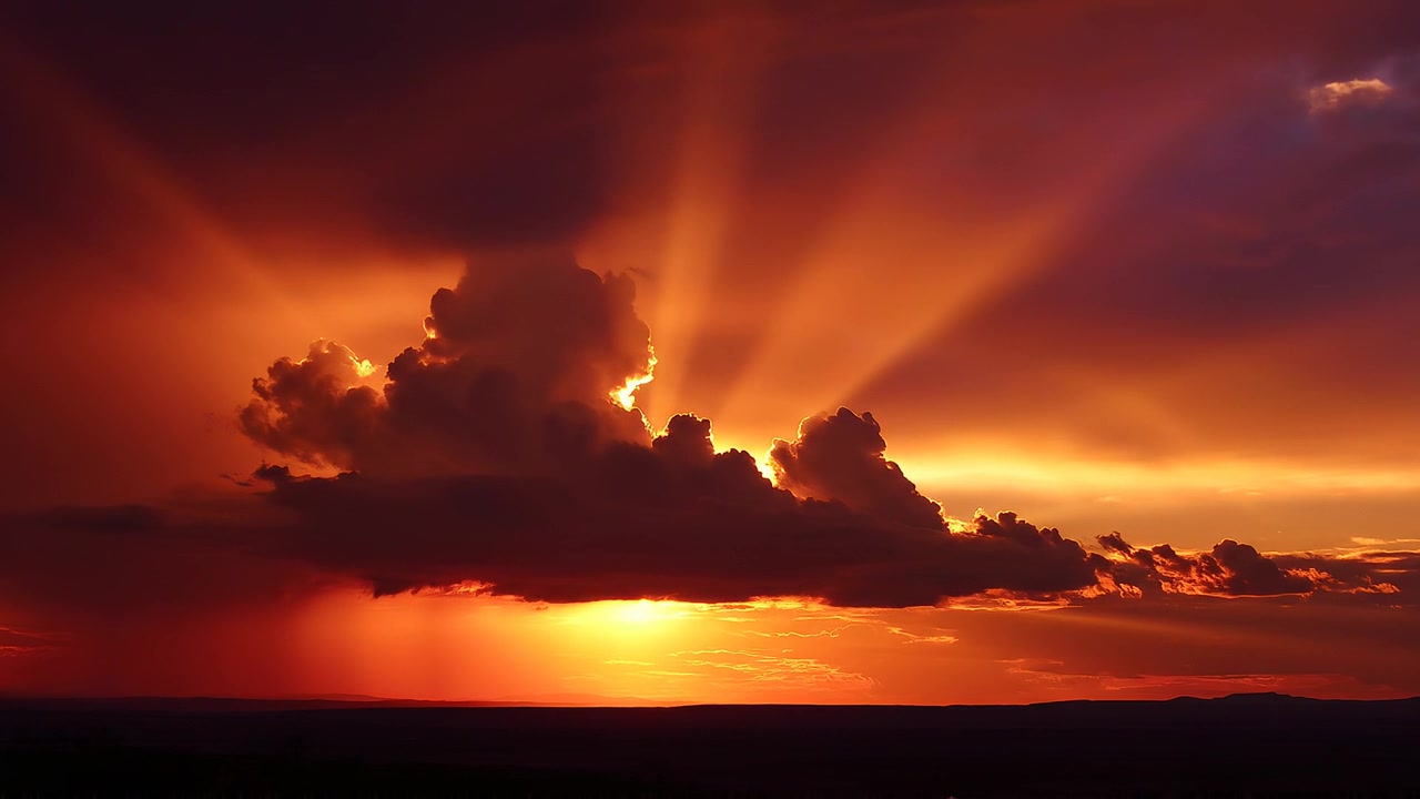 Dramatische Sonnenstrahlen durchbrechen dunkle Wolken während der goldenen Stunde bei Sonnenuntergang