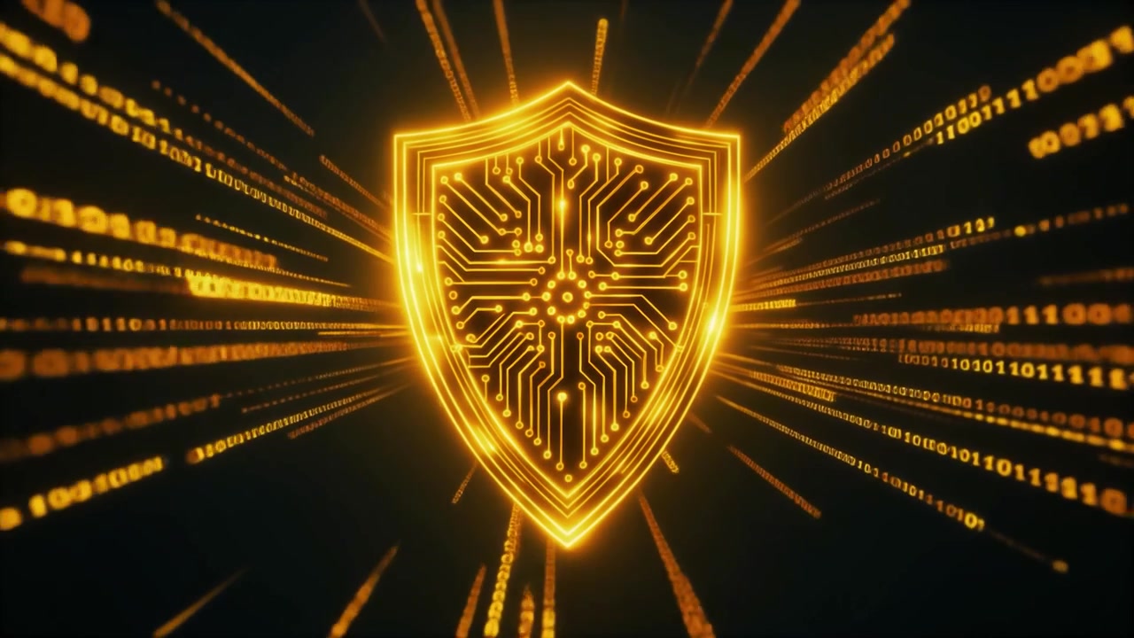 Glowing Cyber Security Shield with Circuit Board and Binary Data