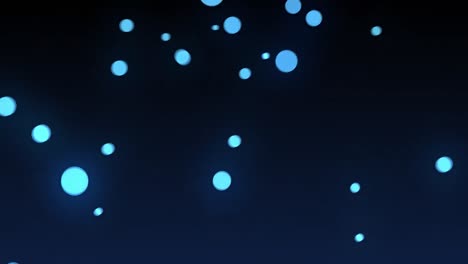 Animation-of-multiple-glowing-blue-balls-of-spots-of-light-falling-on-dark-blue-background