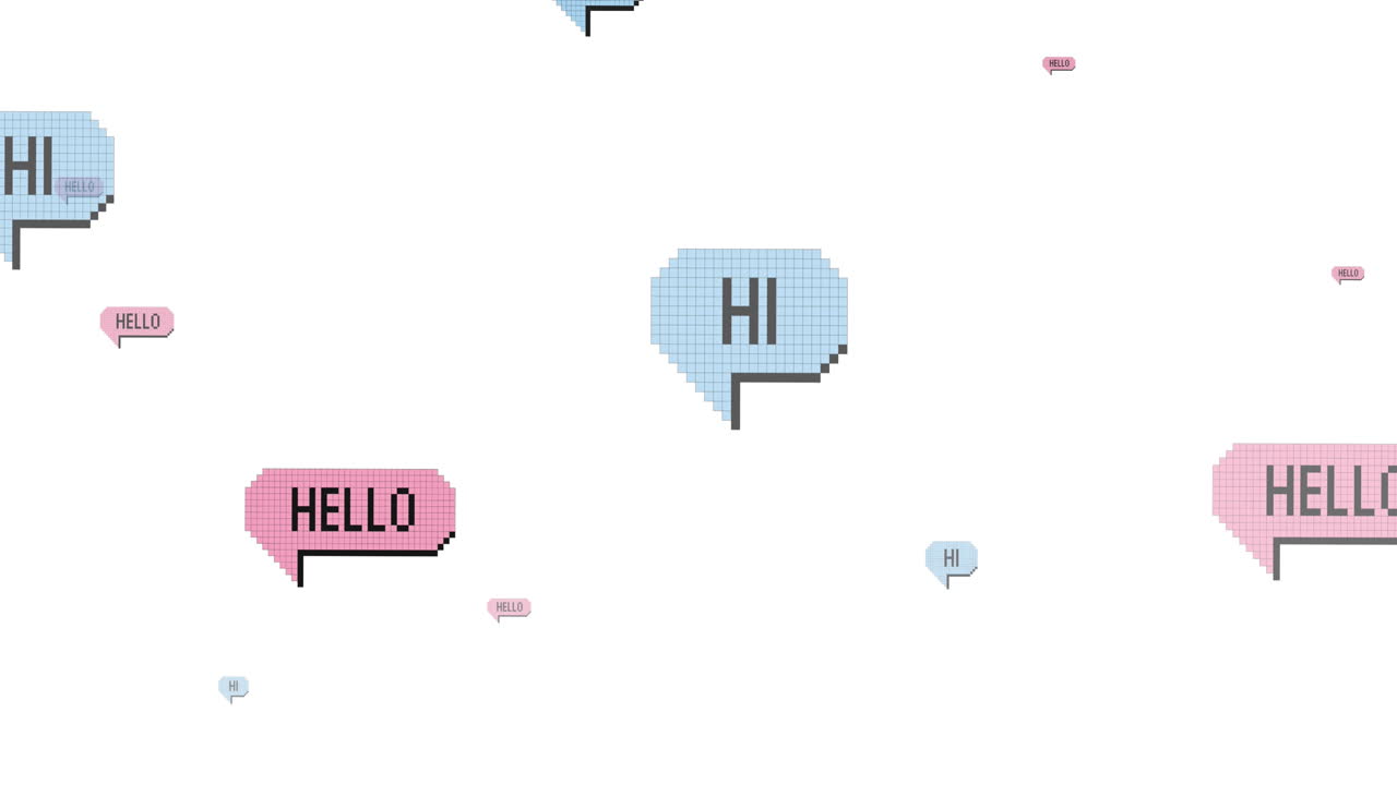 Animation of multiple hi and hello text on vintage speech bubbles on white background