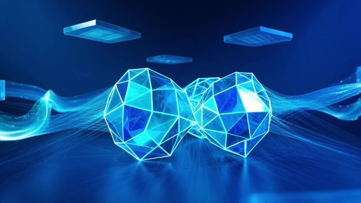 Sfere digitali astratte che fluttuano in un ambiente dati blu futuristico
