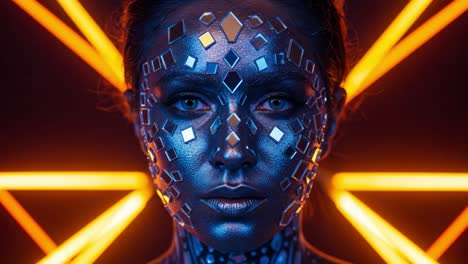 a captivating portrait of a woman adorned in reflective geometric patterns and illuminated by striking neon lights, portraying a futuristic aesthetic