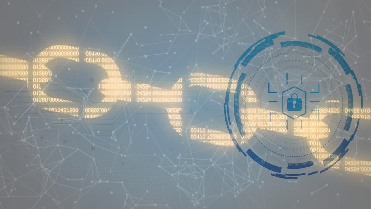 Animation of padlock over data processing on black background