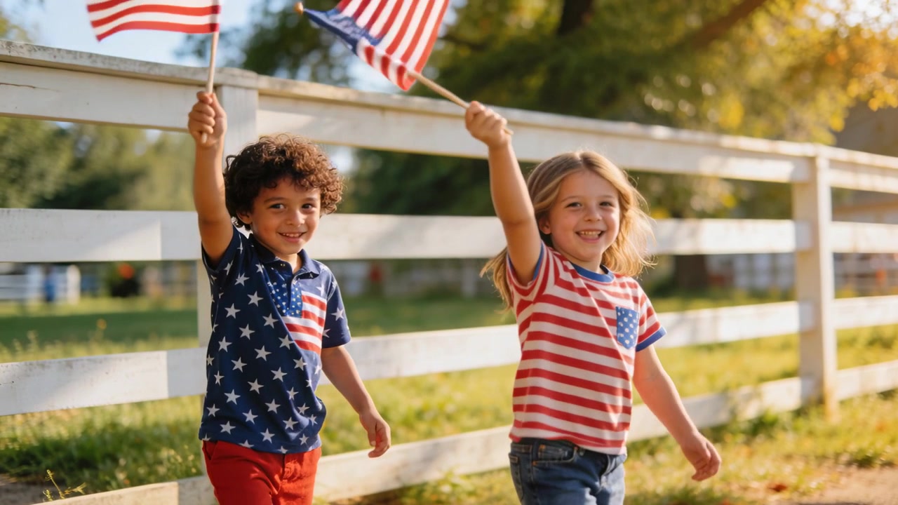 Walking children starting waving US flags in park by white fence, wearing polo and striped tshirt