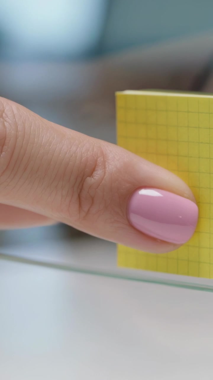 Video verticale: Dito con unghie rosa che arriva da sinistra, allineando, facendo scorrere un pad giallo sul vetro per impostare