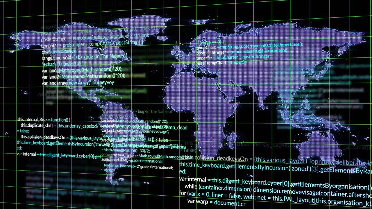 On system startup flat purple world map undergoing code overlay and digitizing into digital network