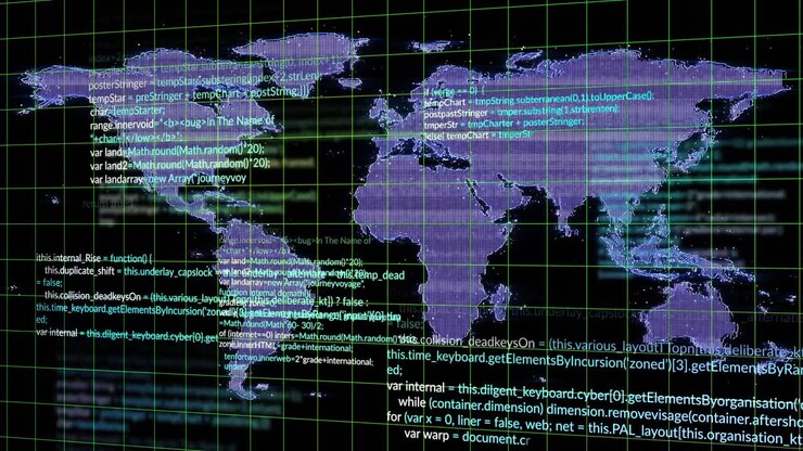 On system startup flat purple world map undergoing code overlay and digitizing into digital network