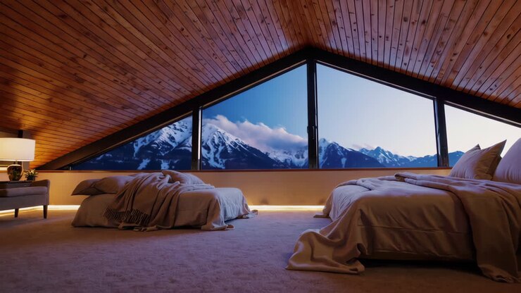 accogliente camera da letto in soffitta con vista sulla montagna