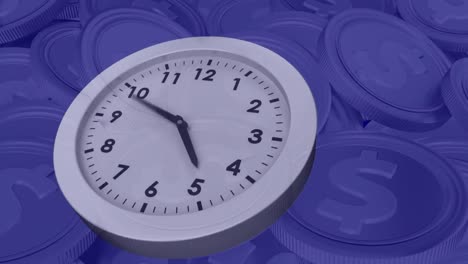 Digital-animation-of-clock-ticking-and-dollar-cents-coins-against-blue-background