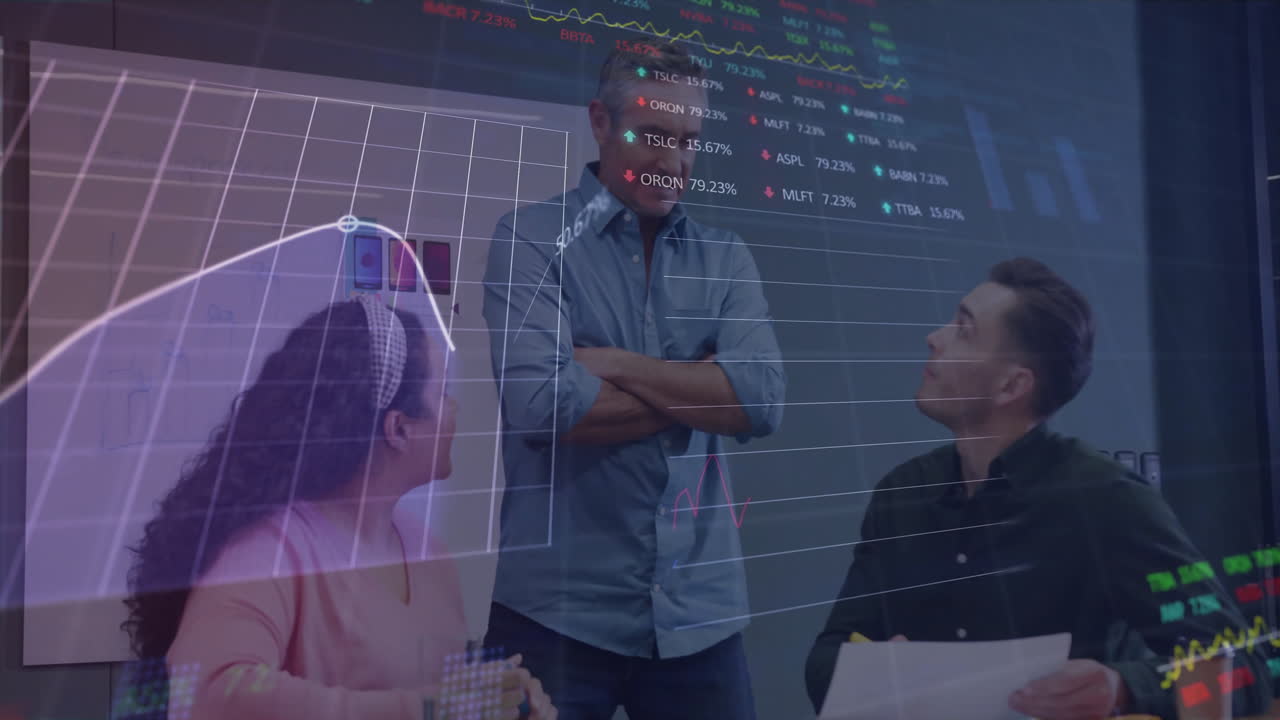 Animation of financial data processing over diverse business people in office