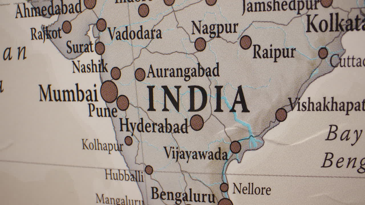 Close-up of a map of India with major cities visible