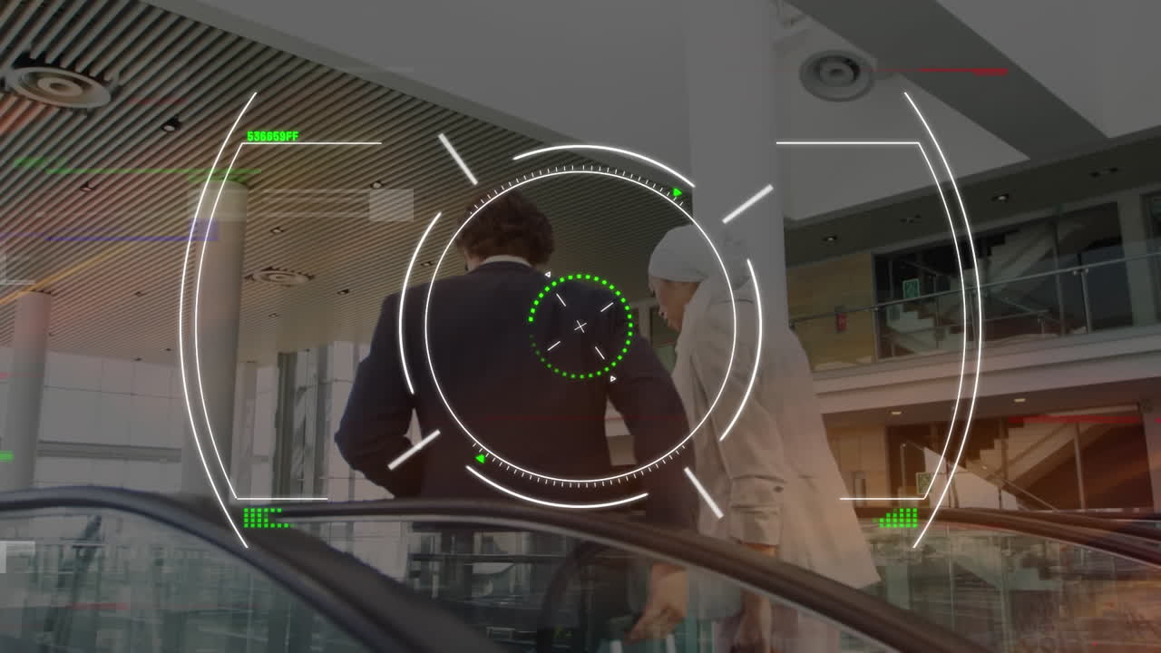 Animation of scope scanning over diverse businessman and businesswoman using escalator at office