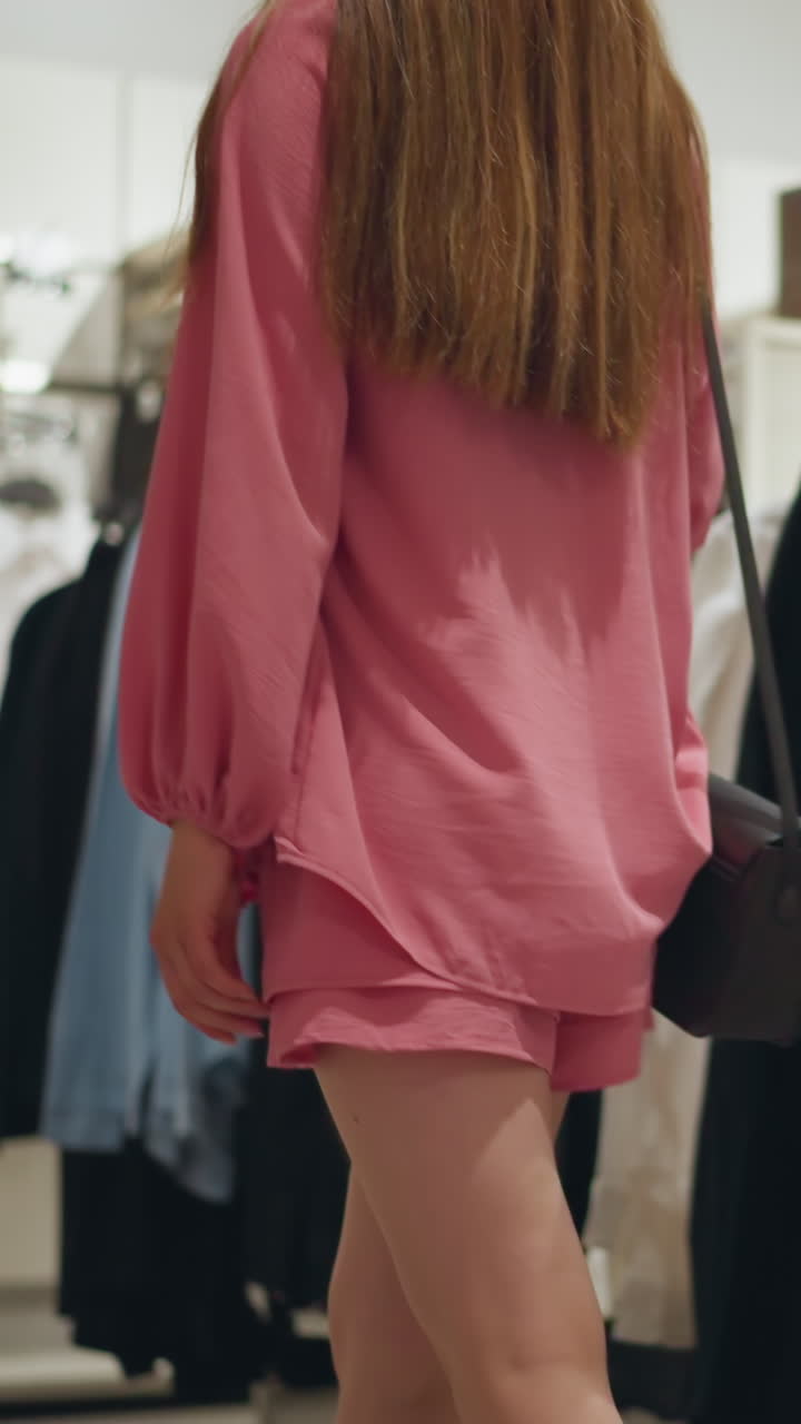 dama en vestido rosa y zapatos de lona camina a través de una tienda de ropa, navegando a través de estantes de ropa, la tienda bien iluminada presenta ropa cuidadosamente dispuesta en estantes, mostrando varios estilos