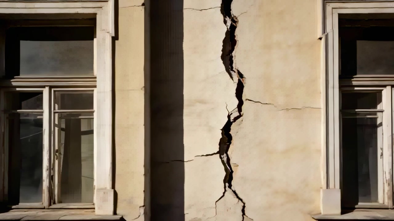 Showing vertical crack widening on facade between sash windows, decay exposing dark interior
