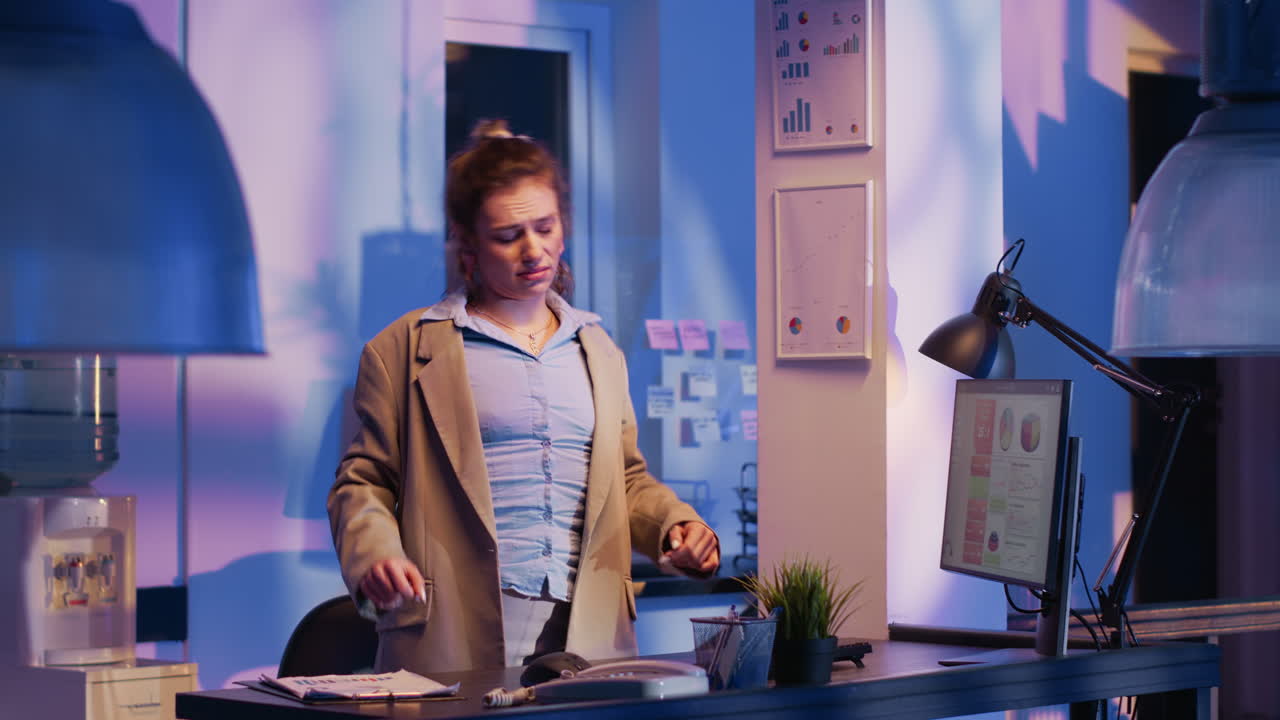 Businesswoman working at her desk in the office at night