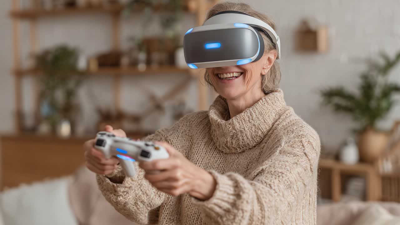 Anziana signora che si diverte con un'esperienza di gioco in realtà virtuale con visore VR e controller mentre sorride in un accogliente salotto