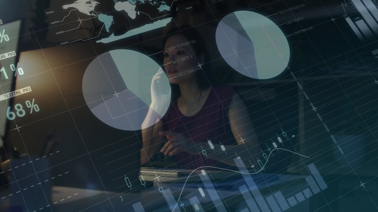 사무실에서 일하는 두 인종의 사업가에 대한 데이터 처리 애니메이션