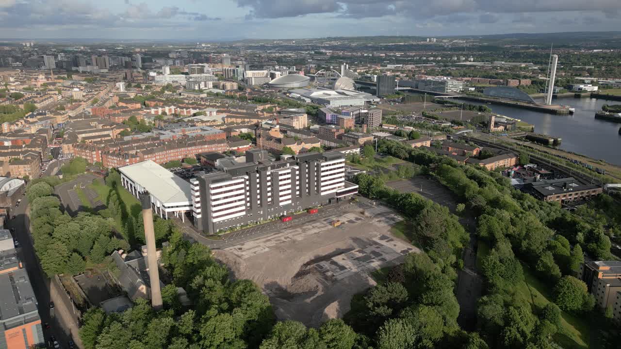 Aerial orbit around the officially closed Yorkhill Hospital aka West Glasgow Ambulatory Care Hospital in Glasgow's West End, Yorkhill, Scotland, UK