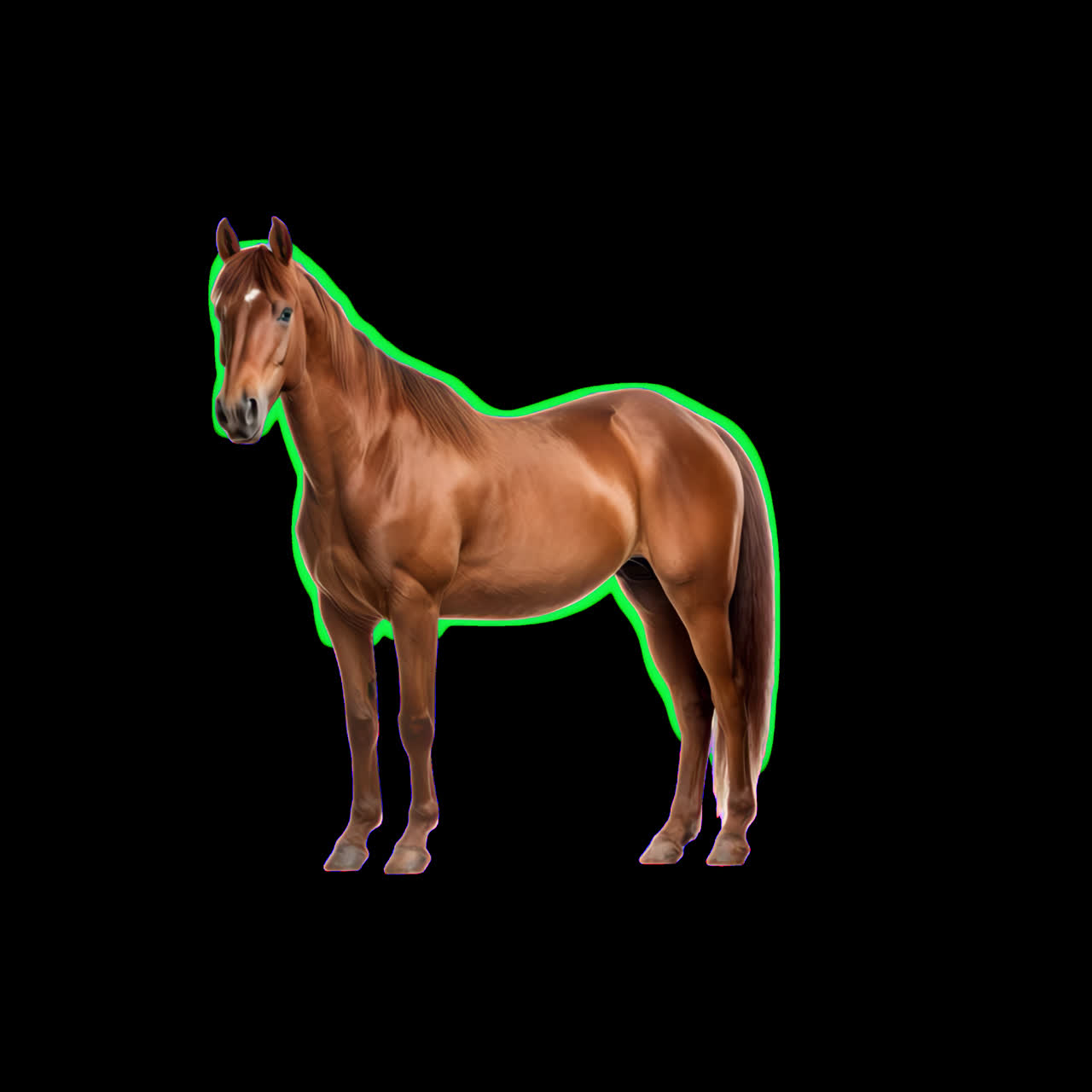 Recurso isolado de animação elegante de cavalo marrom em pé com elegância, vídeo transparente em 4K, alfa