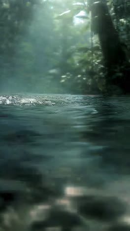a tranquil river winding through a dense forest, sunlight dappling the water's surface