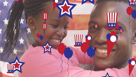 animation of red, white and blue decorations, over smiling father and daughter and american flag