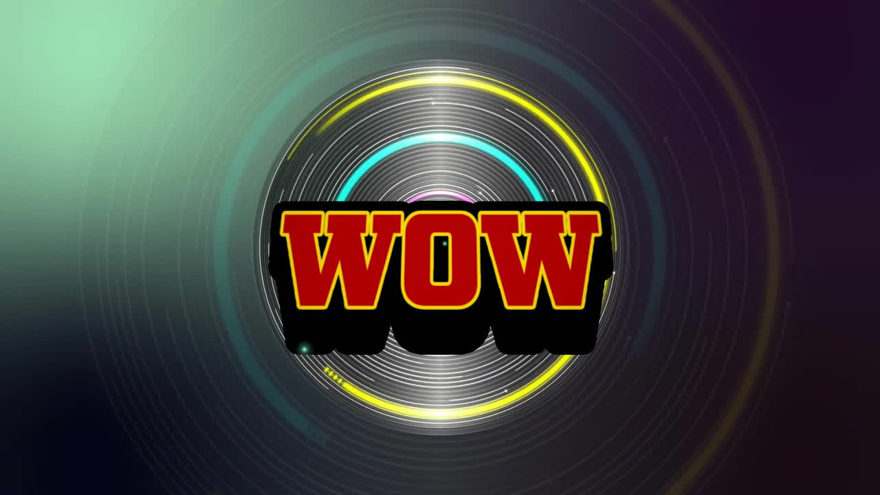 Animation of wow text over moving neon shapes