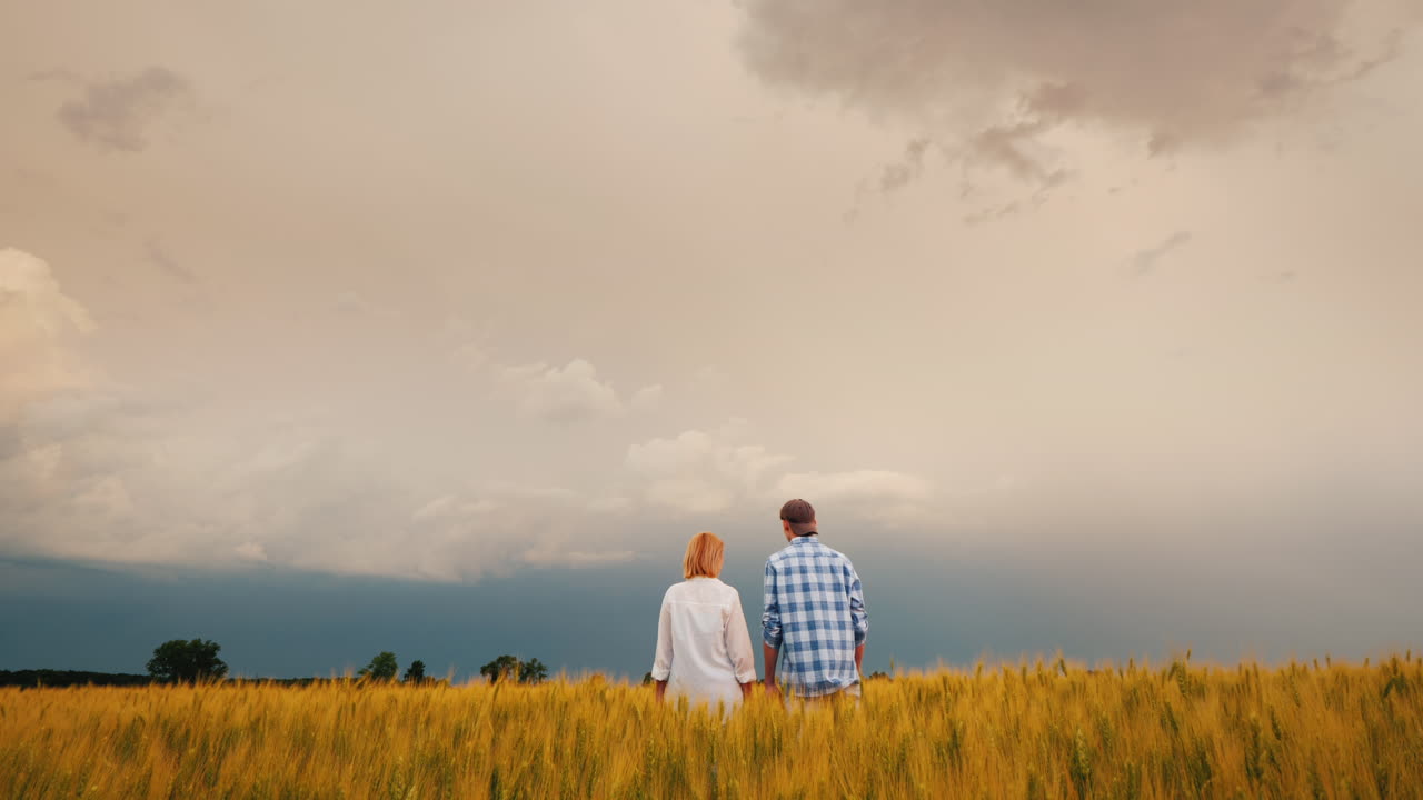 두 명의 농부가 번개가 치는 폭풍우가 치는 하늘을 배경으로 밀밭에 서 있습니다 1