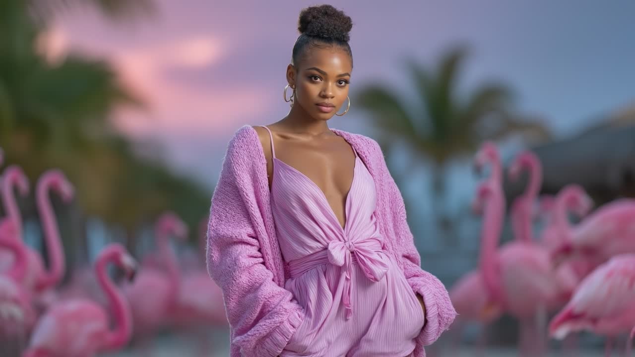 Smuk ung sort kvinde i lyserødt outfit poserer med flamingoer på et tropisk feriested