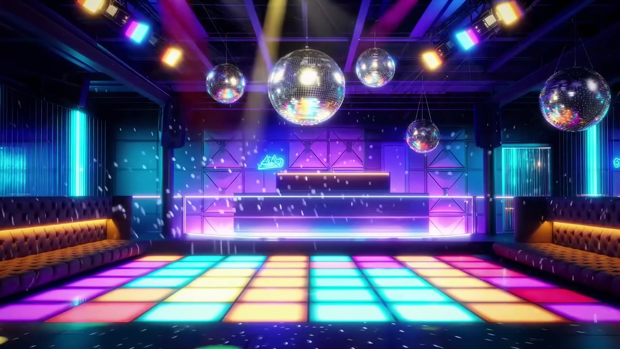 Interno dinamico di discoteca con pista da ballo luminosa e coriandoli