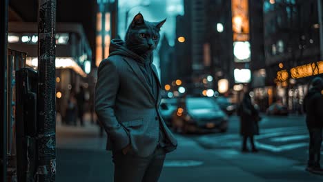 man with a cat head in the city at night