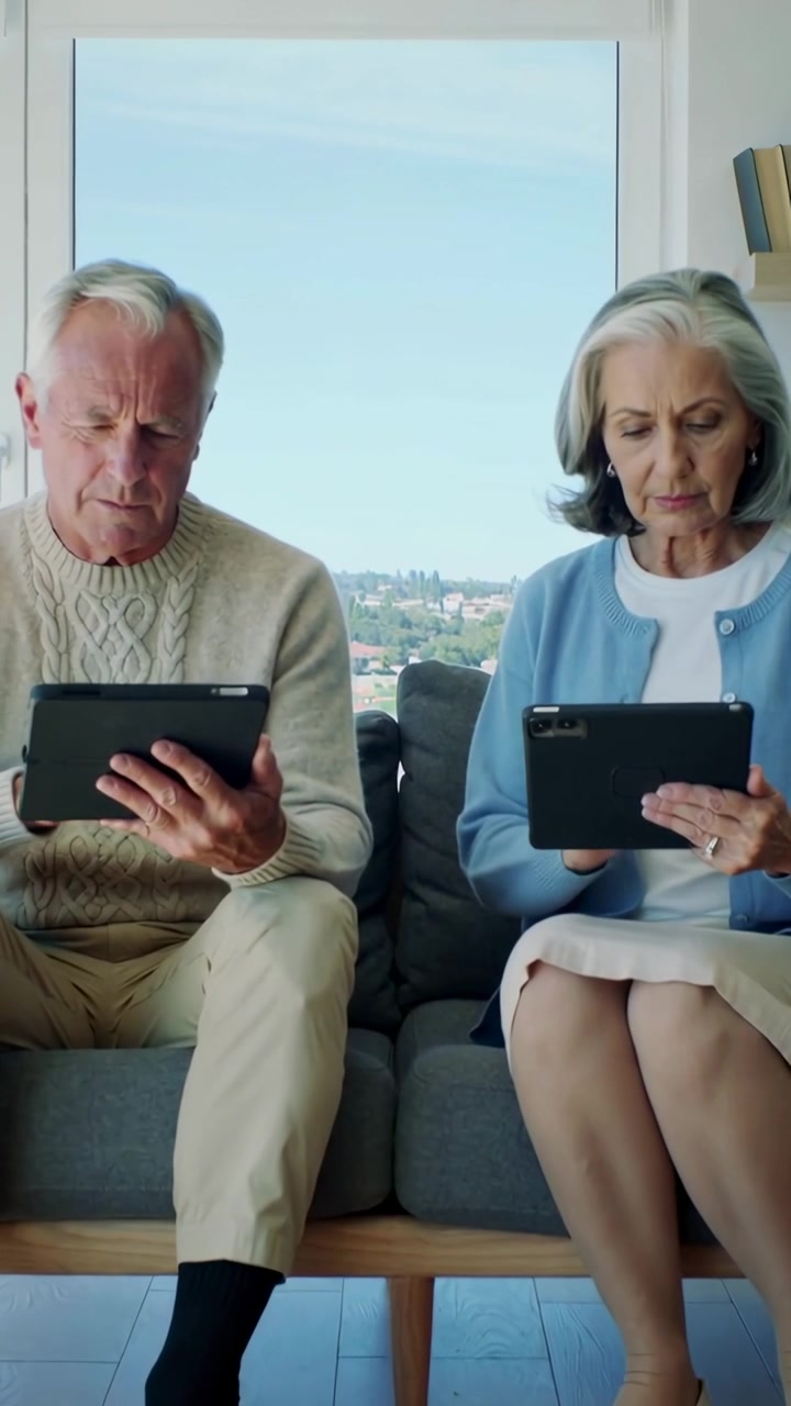 Video verticale: Anziani con tablet, in maglione e cardigan blu, che scorrono (il tablet) sul divano vicino alla finestra