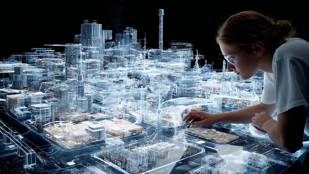 Futuristic city planning with a young designer at a high-tech table