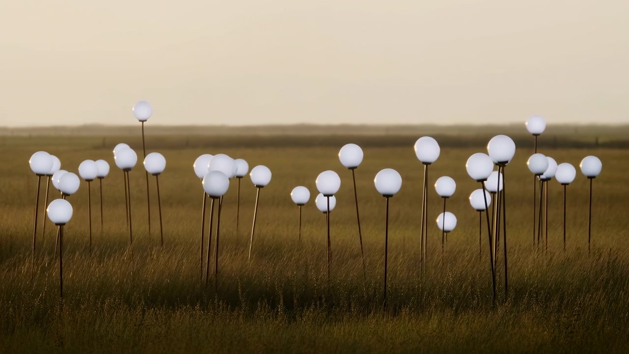Sfere Bianche Luminose in Campo Paludoso, Creano un'Installazione Serena al Crepuscolo con Alti Steli che Sorreggono Sfere Luminose