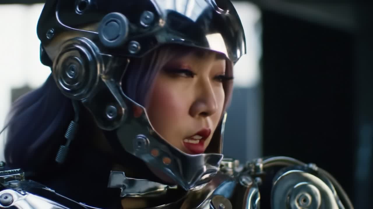 Futuristic Warrior in Sleek Chrome Armor: A Close-Up Profile of a Cybernetic Character Ready for Action, Showcasing Bold Colors and an Intricate Design for an Engaging Visual Experience