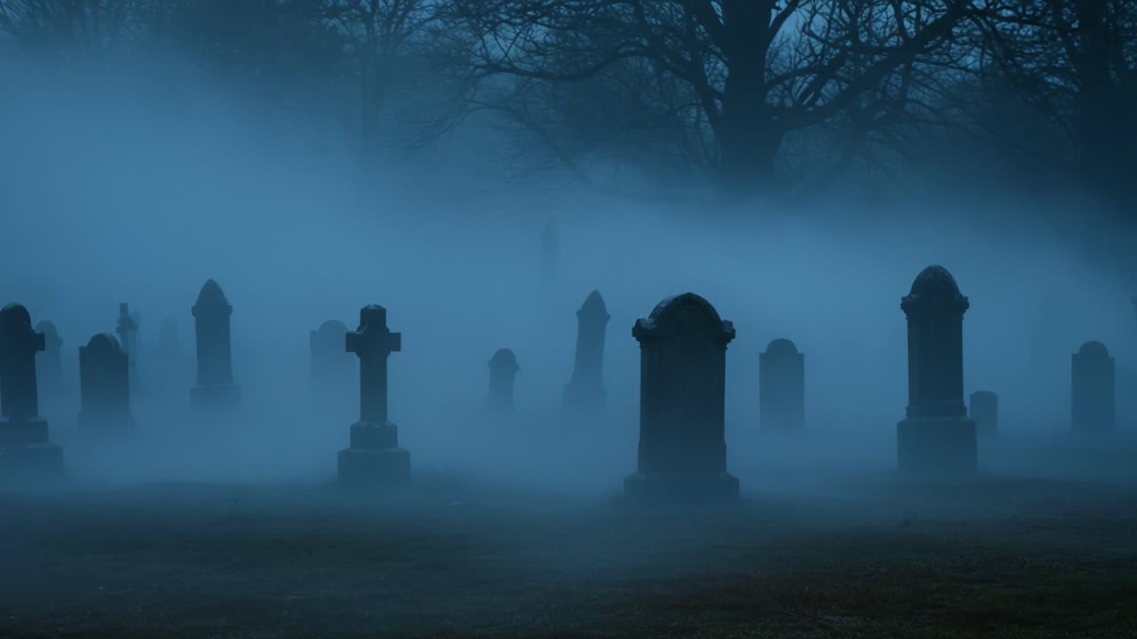 Eerie Cemetery Scene Enveloped in Mist: A Hauntingly Beautiful Glimpse into a Graveyard at Dusk, Where Shadows and Silhouettes Create an Atmosphere of Mystery